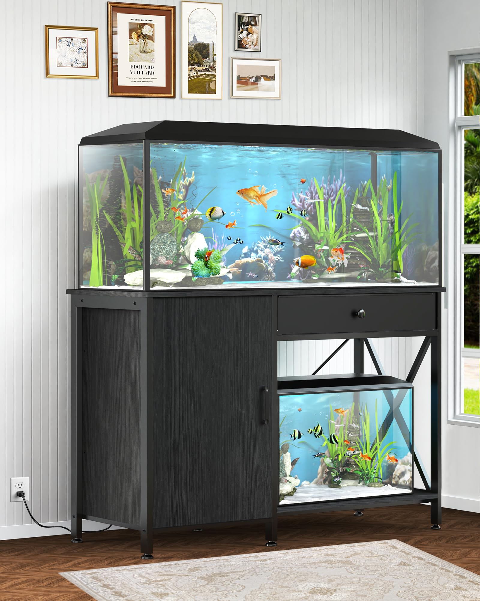 FILKO Fish Tank Stand for 40-50 Gallon Fish Tank: Aquarium Stand with Power Outlet - Metal 40 Gallon Tank Stand with Cabinet Dra
